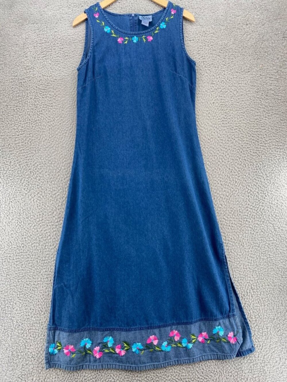 Sarin Dress Womens Small Blue Chambray Jumper Embroidered Floral Midi Sleeveless